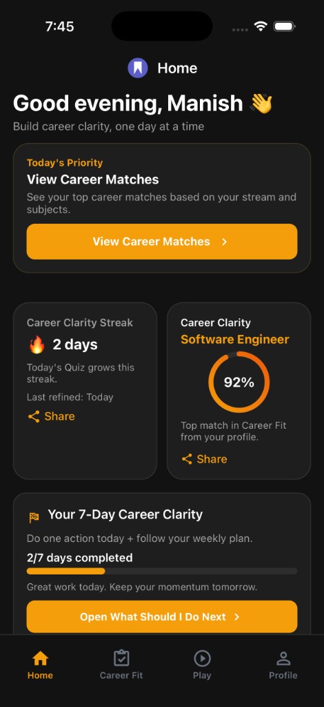 MyCareerBot Home dashboard with career clarity streak and daily priorities