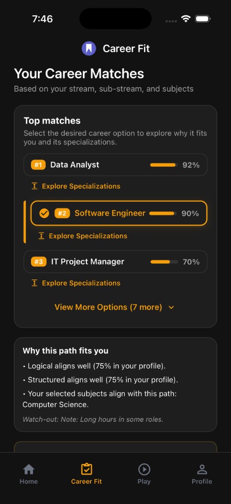 MyCareerBot Career Fit screen showing top career matches