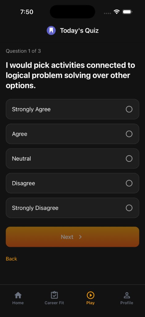 MyCareerBot daily quiz for career fit assessment
