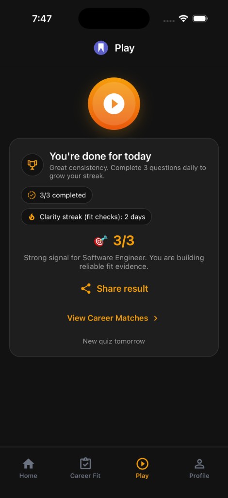 MyCareerBot quiz results with clarity streak and career signal