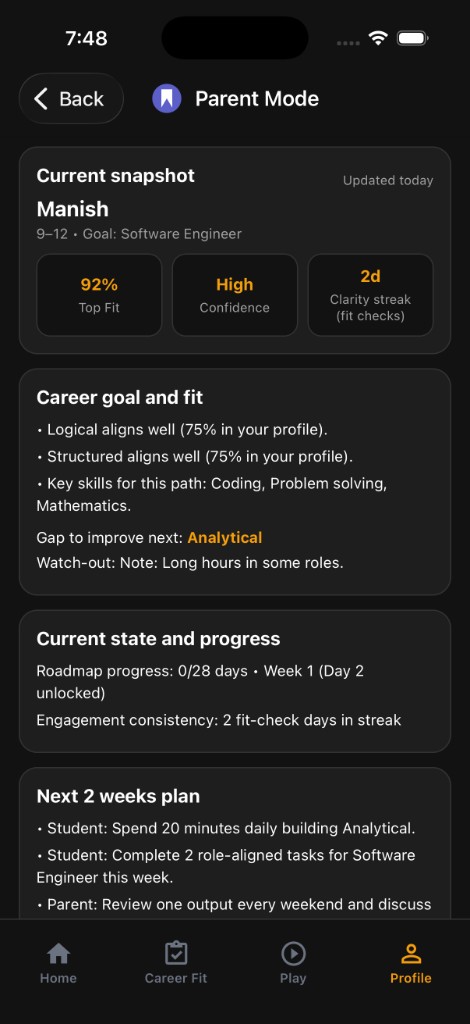 MyCareerBot Parent Mode with student progress snapshot