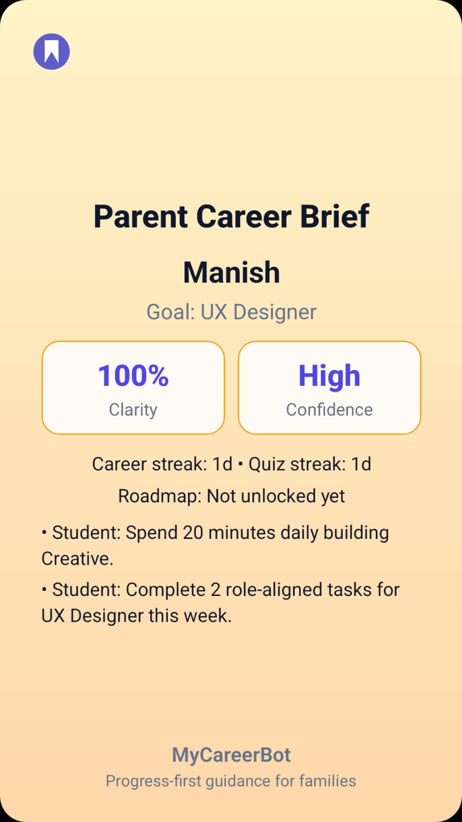 MyCareerBot parent career brief share card