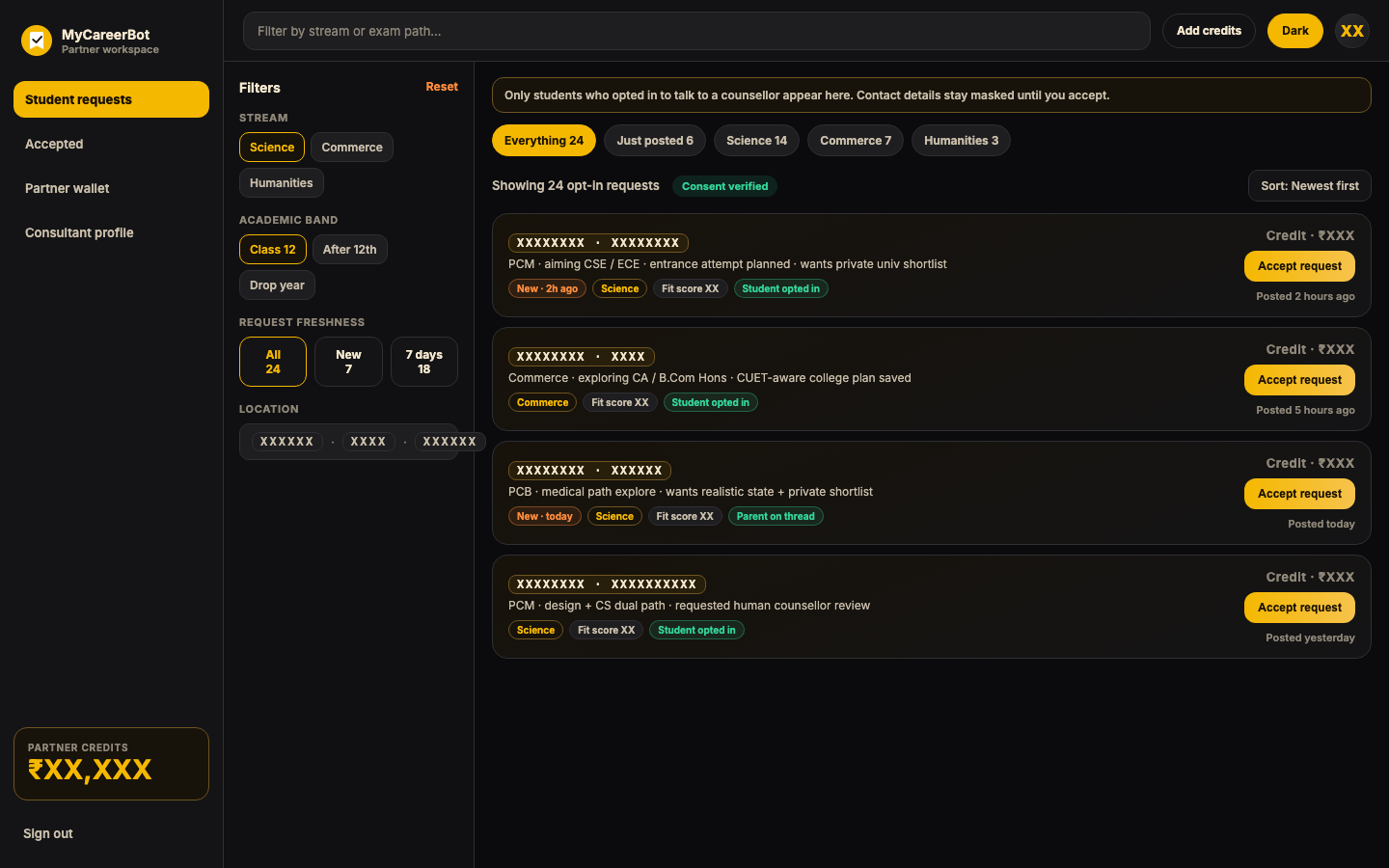 Counsellor partner workspace preview with redacted student details, opt-in requests, and partner credits